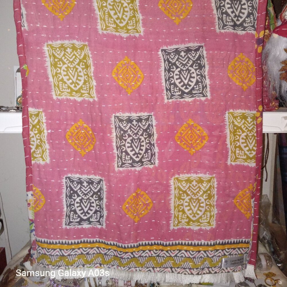 Kantha Scarf Or Table Runner Fringe 18" x 54" Trees Flowers Cotton Handmade KS1 - Picture 5 of 5